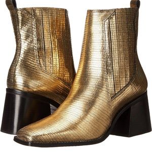 Vince Camuto Women’s Sojetta Block Heel Ankle Bootie, Gold and Black, Size 7